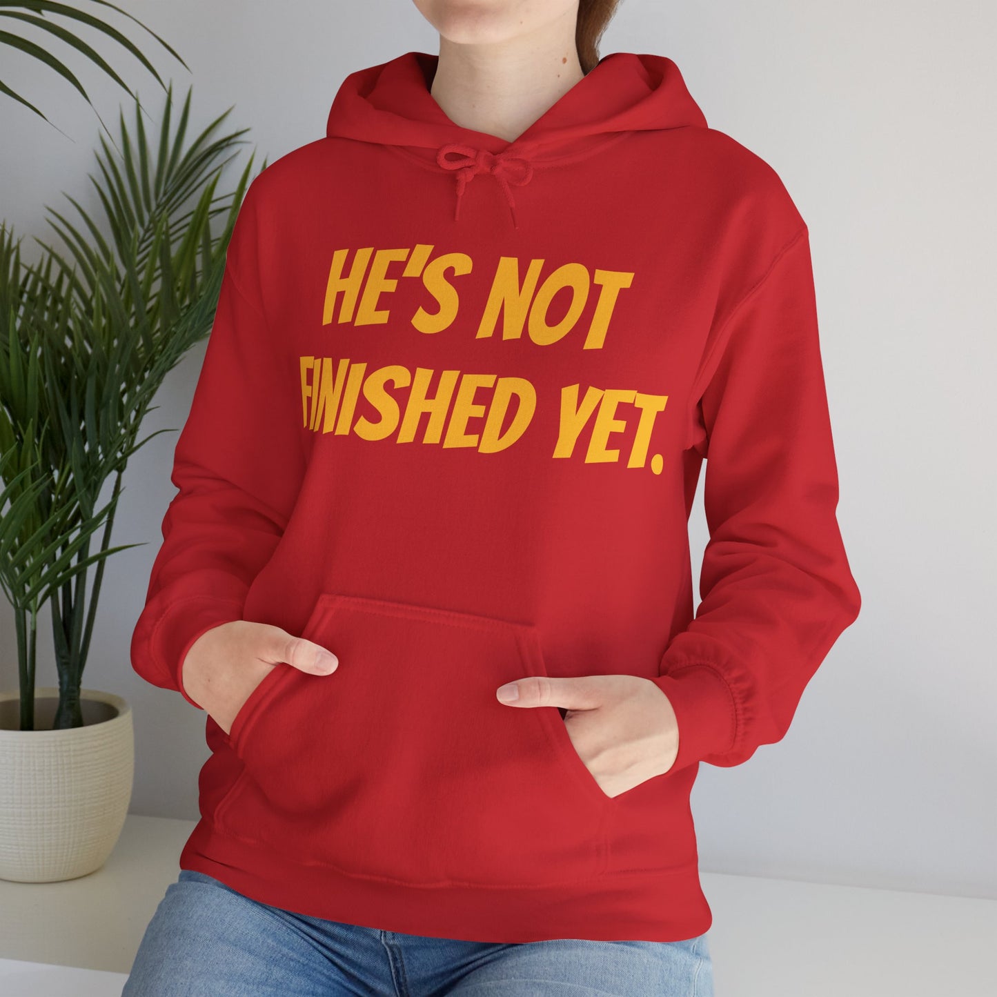 Unisex Heavy Blend Hoodie - "He's Not Finished Yet" Motivational Sweatshirt, Casual Wear, Gift for Him, Inspirational Apparel, Cozy Fashion