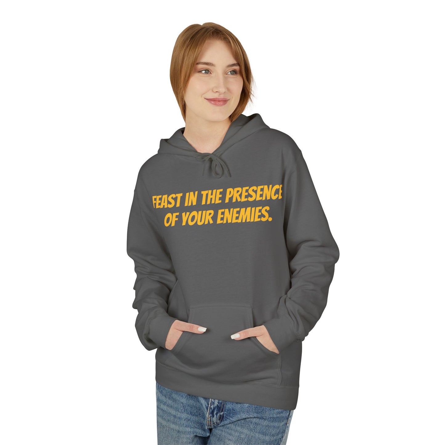 Feast in the Presence Fleece Hoodie, Inspirational Hoodie, Gift for Friends, Casual Wear, Cozy Sweatshirt, Statement Apparel