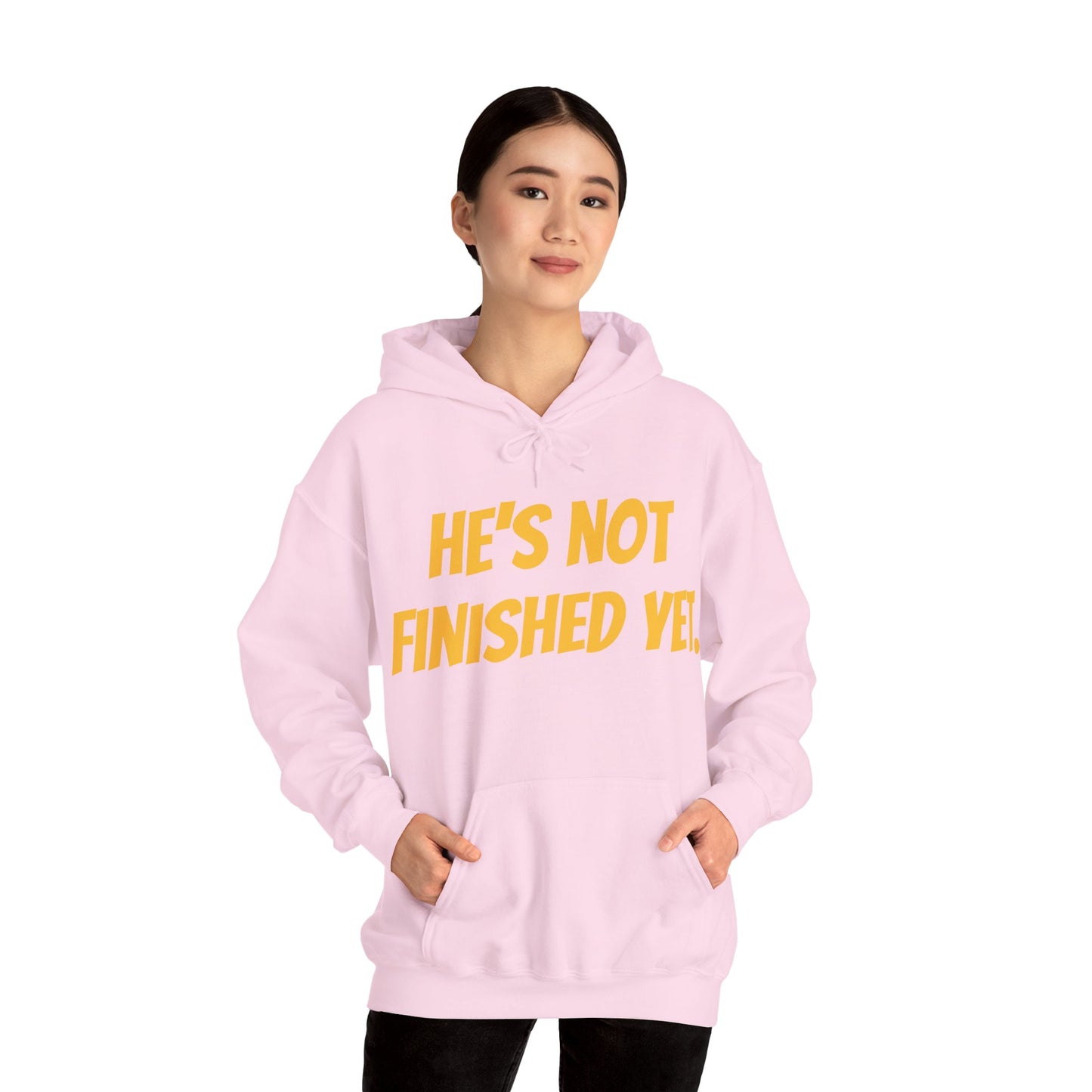 Unisex Heavy Blend Hoodie - "He's Not Finished Yet" Motivational Sweatshirt, Casual Wear, Gift for Him, Inspirational Apparel, Cozy Fashion