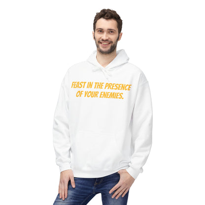 Feast in the Presence Fleece Hoodie, Inspirational Hoodie, Gift for Friends, Casual Wear, Cozy Sweatshirt, Statement Apparel