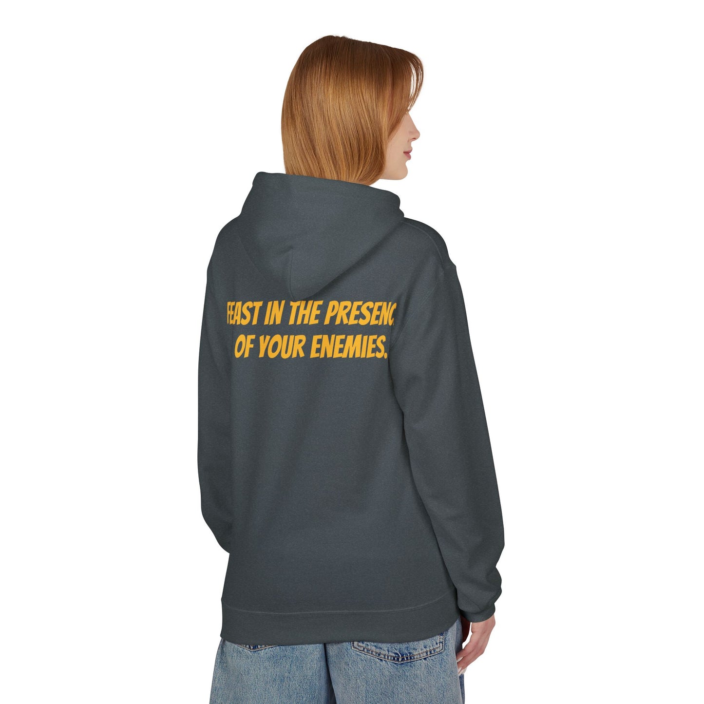 Feast in the Presence Fleece Hoodie, Inspirational Hoodie, Gift for Friends, Casual Wear, Cozy Sweatshirt, Statement Apparel